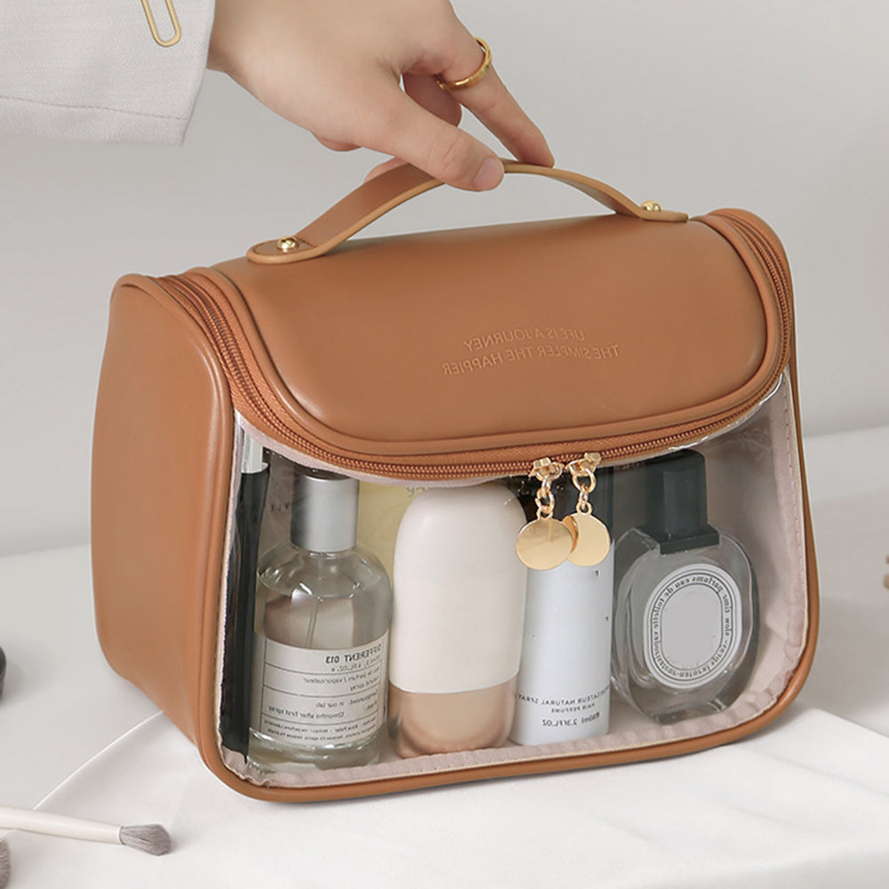 HK8297 Waterproof Clear Design Makeup Bag Large Capacity Cosmetic Bag PU Leather PVC Travel Toiletry Organizer with Portable Handle Strap HK8297 Waterproof Clear Design Makeup Bag Large Capacity Cosmetic Bag PU Leather PVC Travel Toiletry Organizer with Portable Handle Strap